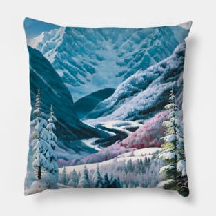 Snowy river in a boreal pine forest Pillow