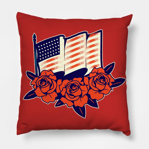 4th of july american flag over roses Pillow by InkyArt