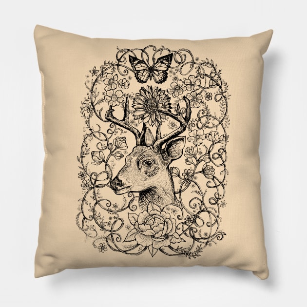 Deer with flowers - Black and White drawing - Spirt animal stag. Pillow by FanitsaArt