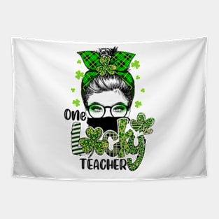 Shamrock One Lucky Teacher Messy Bun Funny St Patrick Day Tapestry