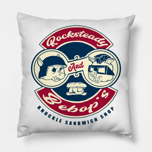 Rocksteady & Bebop's Knuckle Sandwich Shop Pillow by VaultOfPersonalityComics