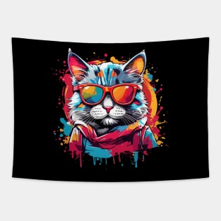 Funny Design Color Cat Wearing Sunglasses Meow Retro Meme Tapestry