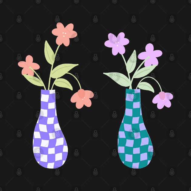 Pair of Checkered Vases with Pink and Purple Flowers by JuneNostalgia