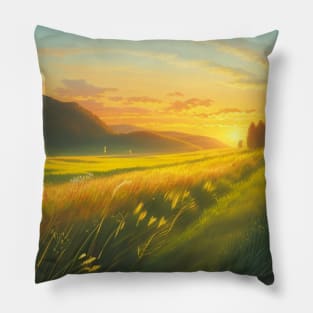 Lush, Sunlit Grassy Meadow at Dawn in Faerun Pillow