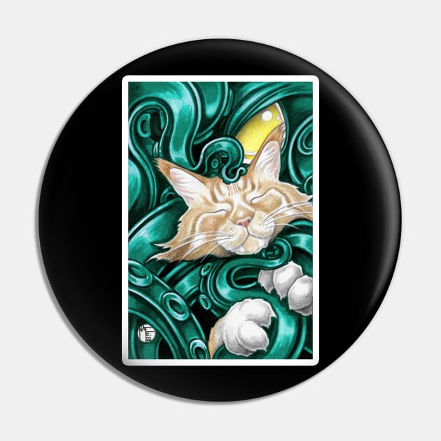 Cthulhu and Ginger Cat Friend - White Outlined Version Pin by Nat Ewert Art