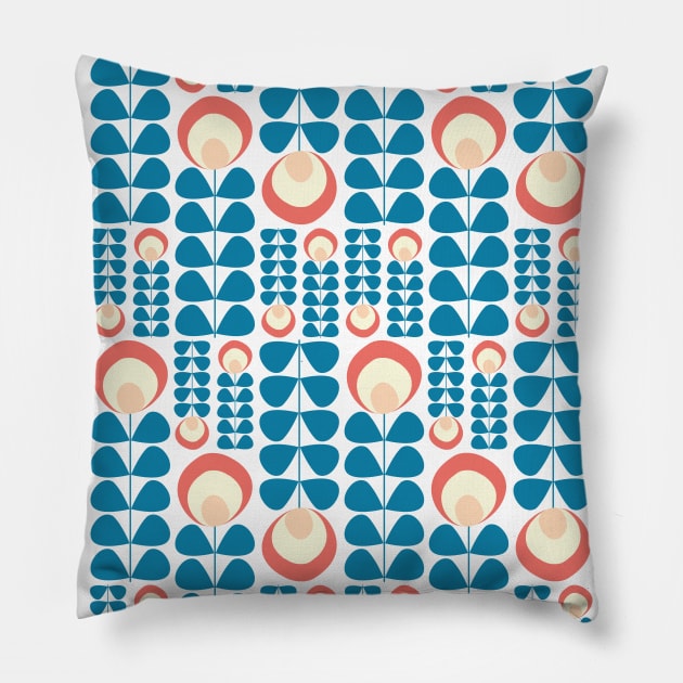 Mid Mod Flowers Pattern in Blue, Coral, Yellow Pillow by tramasdesign