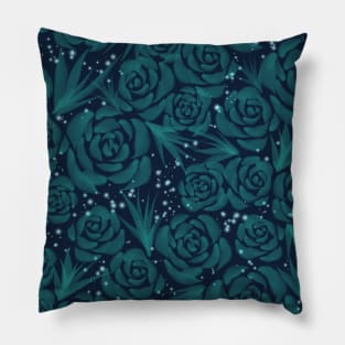 Watercolor Mint Roses with Leaves Dark Floral Pattern Pillow