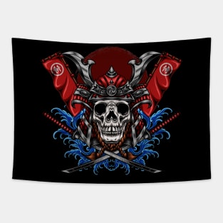 skull head with samurai helmet and katana sword Tapestry