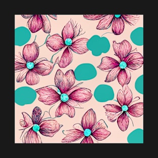 Vintage looking wallpaper with turquoise and pink flowers and blobs. T-Shirt