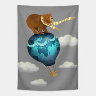 The Traveller - Brown Bear on Hot Air Ballon Tapestry