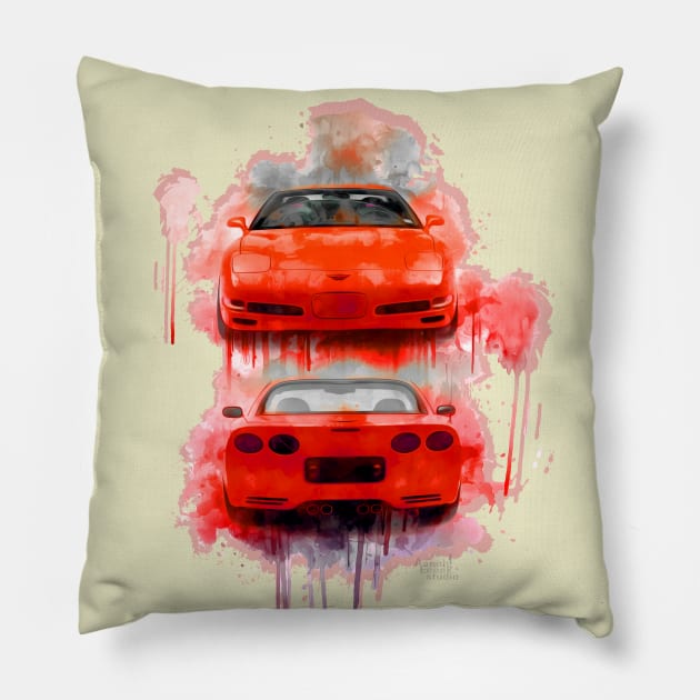 Red Corvette aqua splash Pillow by AaaahEeeekStudio