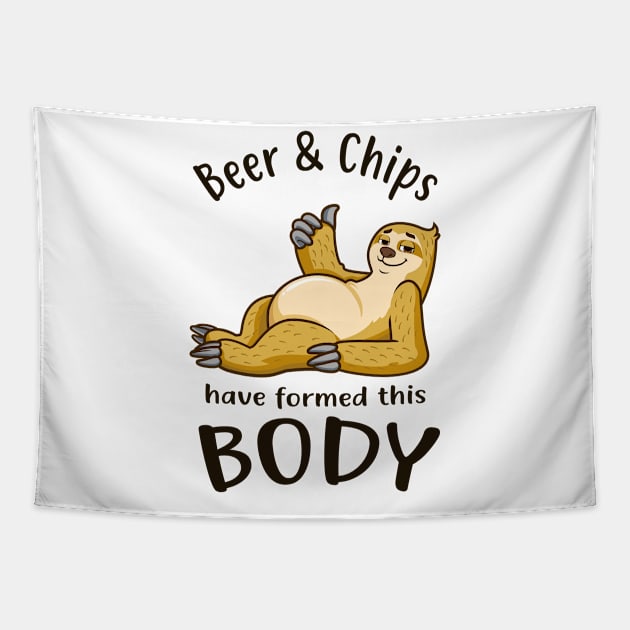 Sloth With Beer Belly Beer And Chips Body Fun Tapestry by Foxxy Merch