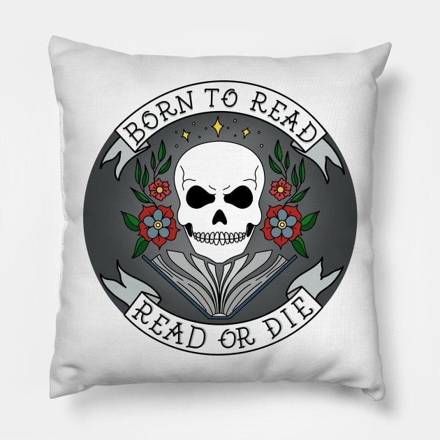 Read or Die Biker Skull in Grey Pillow by Thenerdlady