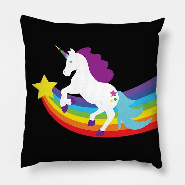 White Unicorn with Rainbow and Stars Pillow by Rosemarie Guieb Designs