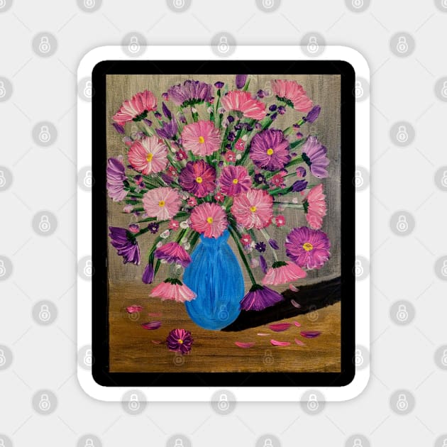 Vibrant pink and purple flowers bloom tall in a striking blue vase, adorned with touches of metallic paint for an extra shimmer Magnet by kkartwork