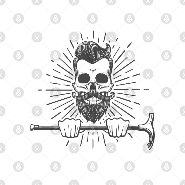 Human Skull with mustache and beard holds walking stick. by devaleta