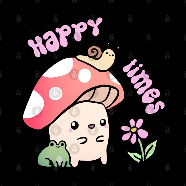 Happy Times a cute fun mushroom and frog and snail friends by Yarafantasyart