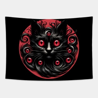 Spooky Abstract Black Cat Demon With Many Eyes Tapestry