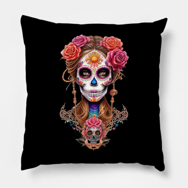 Embody the Spirit of Dia de los Muertos with Stunning Woman in Sugar Skull Makeup Pillow by ImaginativeInkPOD