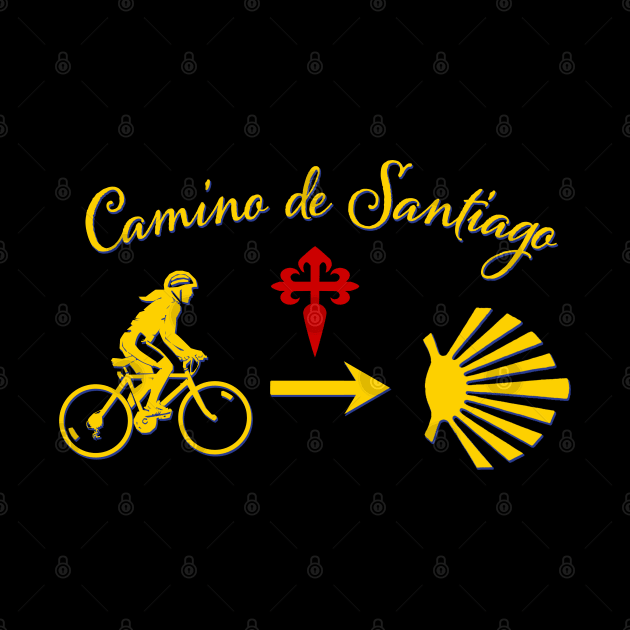 Camino de Santiago Typography Woman Riding a Bicycle Yellow Arrow Scallop Shell Red Cross by Brasilia Catholic