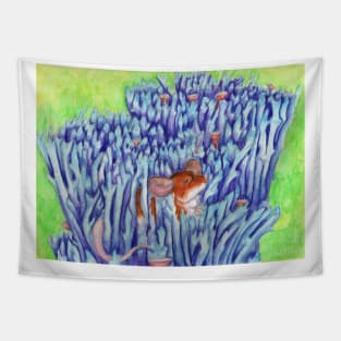 Brown Mouse in Blue Mushroom Tapestry