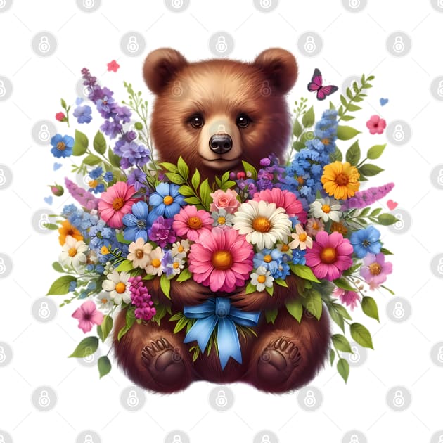 A brown bear decorated with beautiful colorful flowers. by CreativeSparkzz