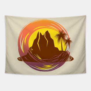 Badge with tropical volcano landscape and palm trees Tapestry