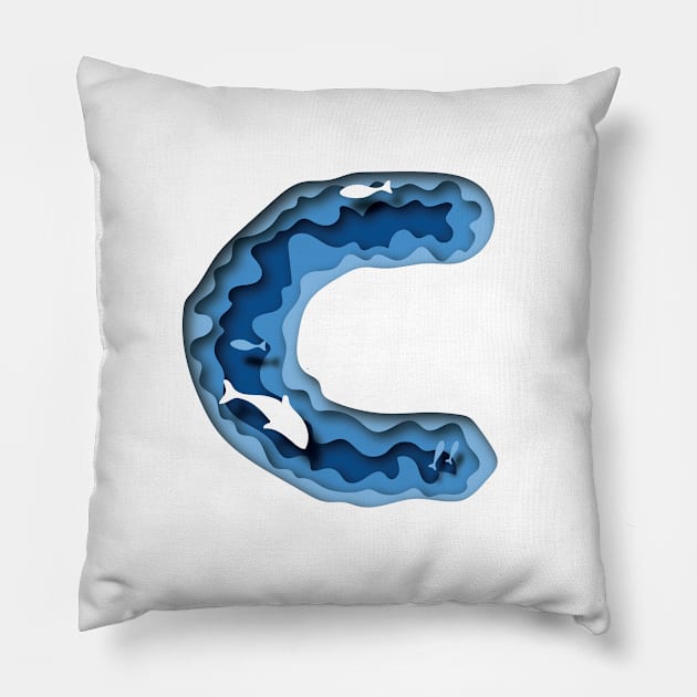 Letter C in deep water papercut design Pillow by thelazypigeon