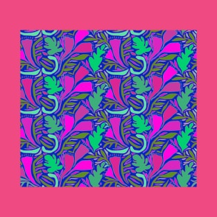 Tropical Block Print Flowers - Pink Navy Green T-Shirt