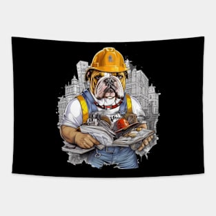 Accountant English Bulldog t-shirt design, a bulldog wearing a hard hat and holding a blueprint Tapestry