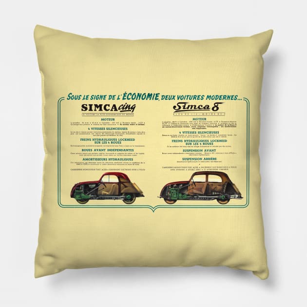 SIMCA CINQ/ SIMCA 8 - advert Pillow by Throwback Motors