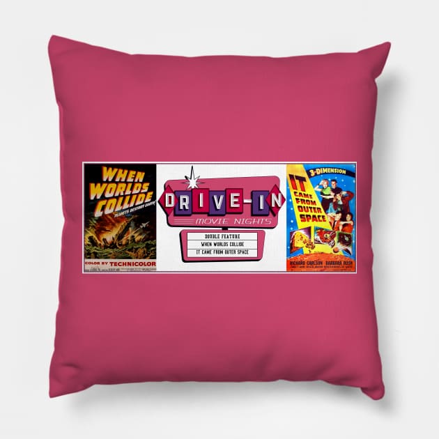 Drive-In Double Feature - When Worlds Collide Pillow by Starbase79