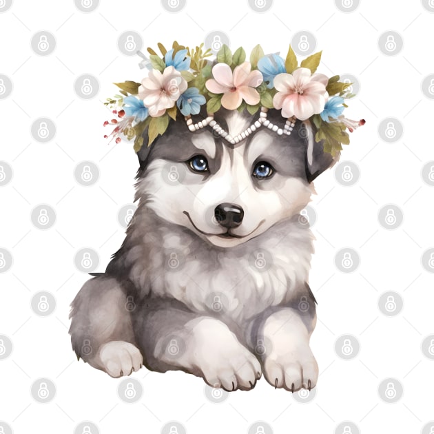 Watercolor Siberian Husky Dog with Head Wreath by Chromatic Fusion Studio