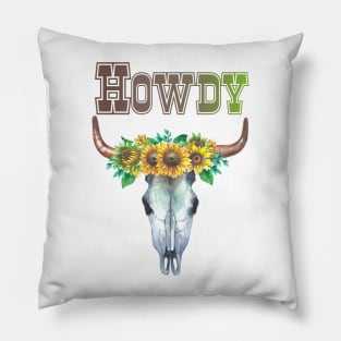 Howdy Cow Skull with Sunflowers Graphic Design Pillow