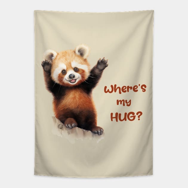 Where's my HUG? Red Panda Tapestry by Violet77 Studio