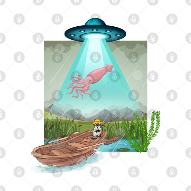 Catfish  alien abduction novelty design . Original artwork. One of a kind ufo cat fishing  squid gag gift 2023 by Flawless Designs