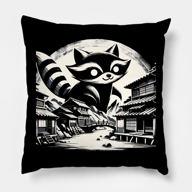 Japanese Big Raccoon Pun Funny Raccoon Pillow by KsuAnn