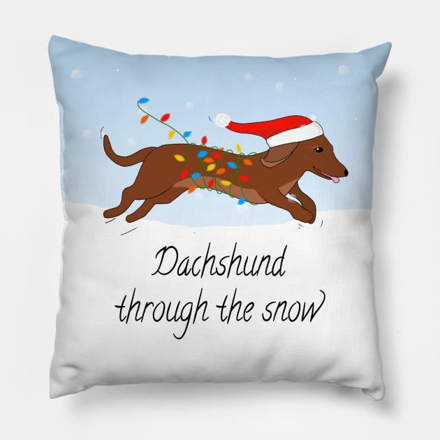 Dachshund Through the Snow, sausage dog Christmas print Pillow by Maddybennettart