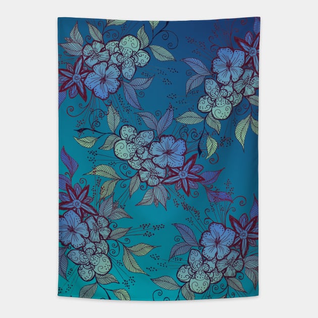 Blue and Turquoise Flower Pattern Tapestry by ZeichenbloQ