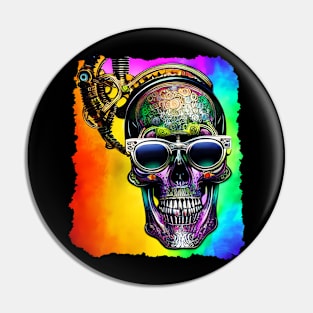 Rainbow Steampunk Skull with Sunglasses Pin