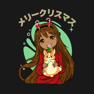 Kawaii Anime Black Girl And Corgi Christmas T-Shirt