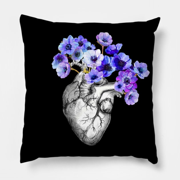 Blue Anemones Heart Human Anatomy Pillow by Collagedream