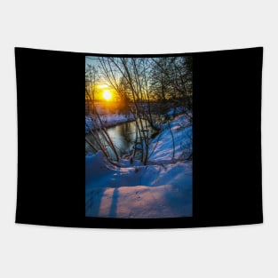 Snow falling on a river with snowy banks Tapestry