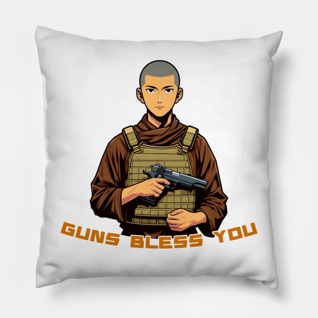 Gun Bless You Pillow by Rawlifegraphic