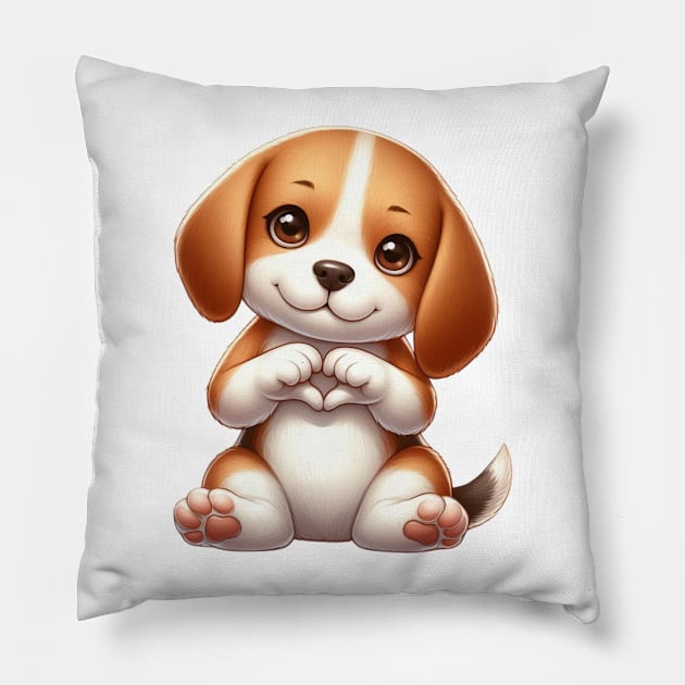 Valentine Beagle Dog Giving Heart Hand Sign Pillow by Chromatic Fusion Studio