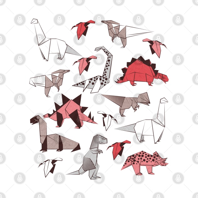 Origami dino friends // print // red white and beige dinosaurs by SelmaCardoso