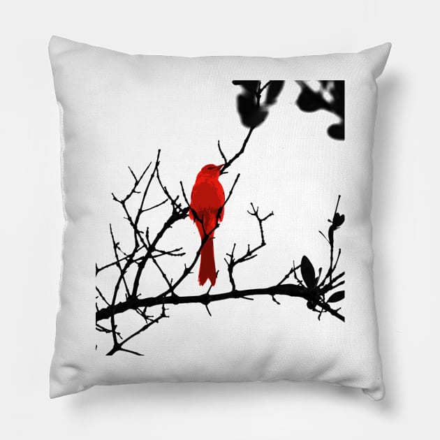 Red bird on a black tree Pillow by FollowHedgehog