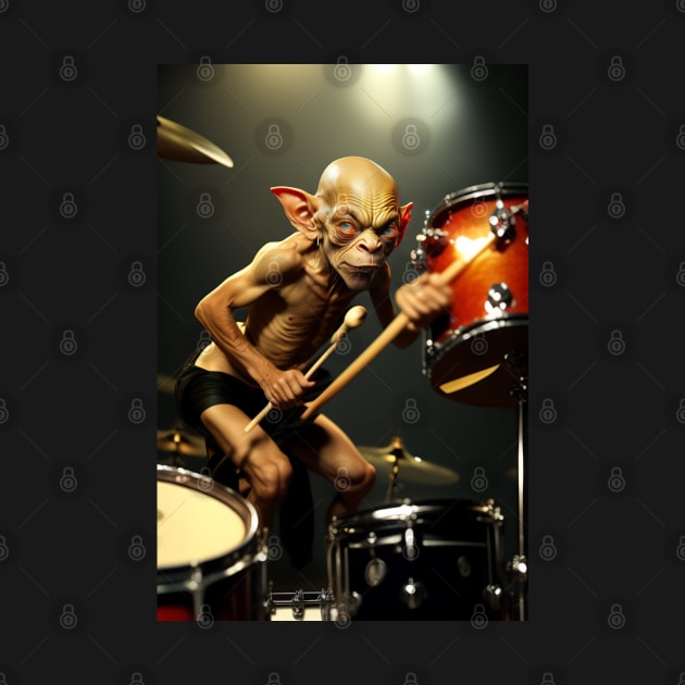 Funny Gollum playing in a heavy metal band graphic design artwork by Nasromaystro