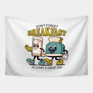 Don't Forget Breakfast, a retro mascot of a toaster and a glass of milk Tapestry