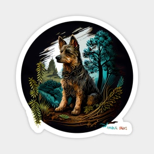 Decisive Looking Dog in a Forest Diorama Magnet